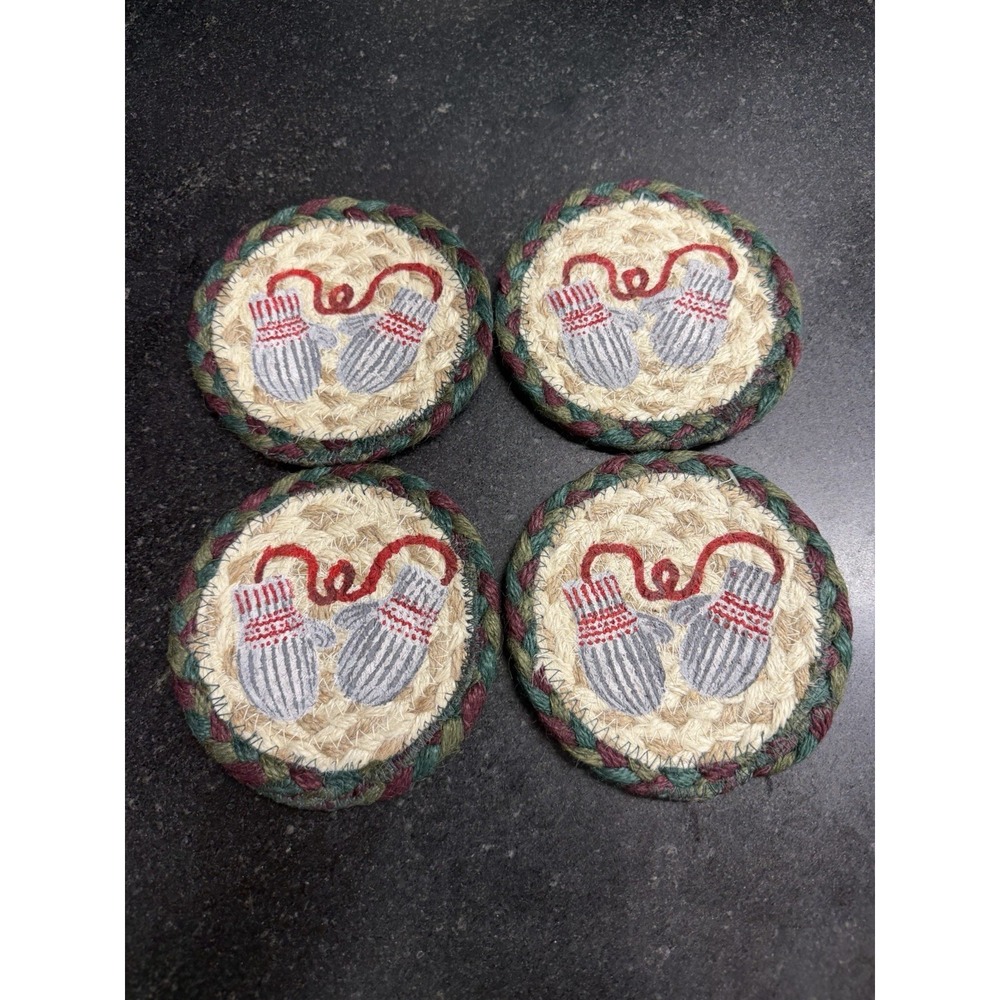 Set of 4 Capitol Earth Rugs Winter Mittens Jute Coasters 5x5 C-508 Round Holiday